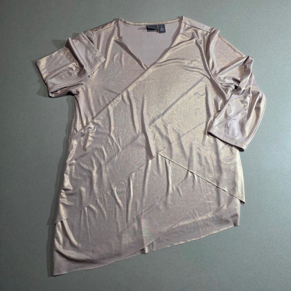 Travelers by Chico's Rose Gold Metallic Asymmetrical Layered Tunic Top Size 1 M